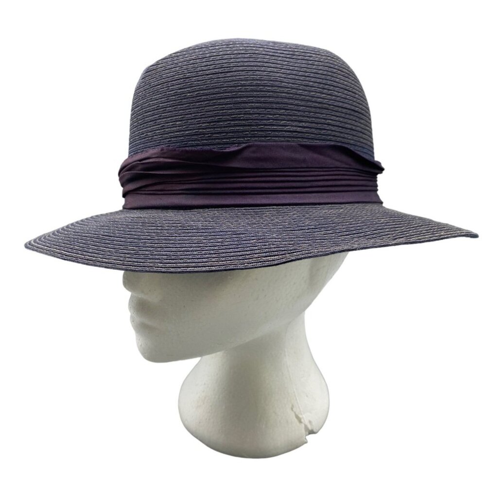 Vintage 80s does 40s Faux Straw Brimmed Hat Navy Blue Fedora FLAWED Hollywood